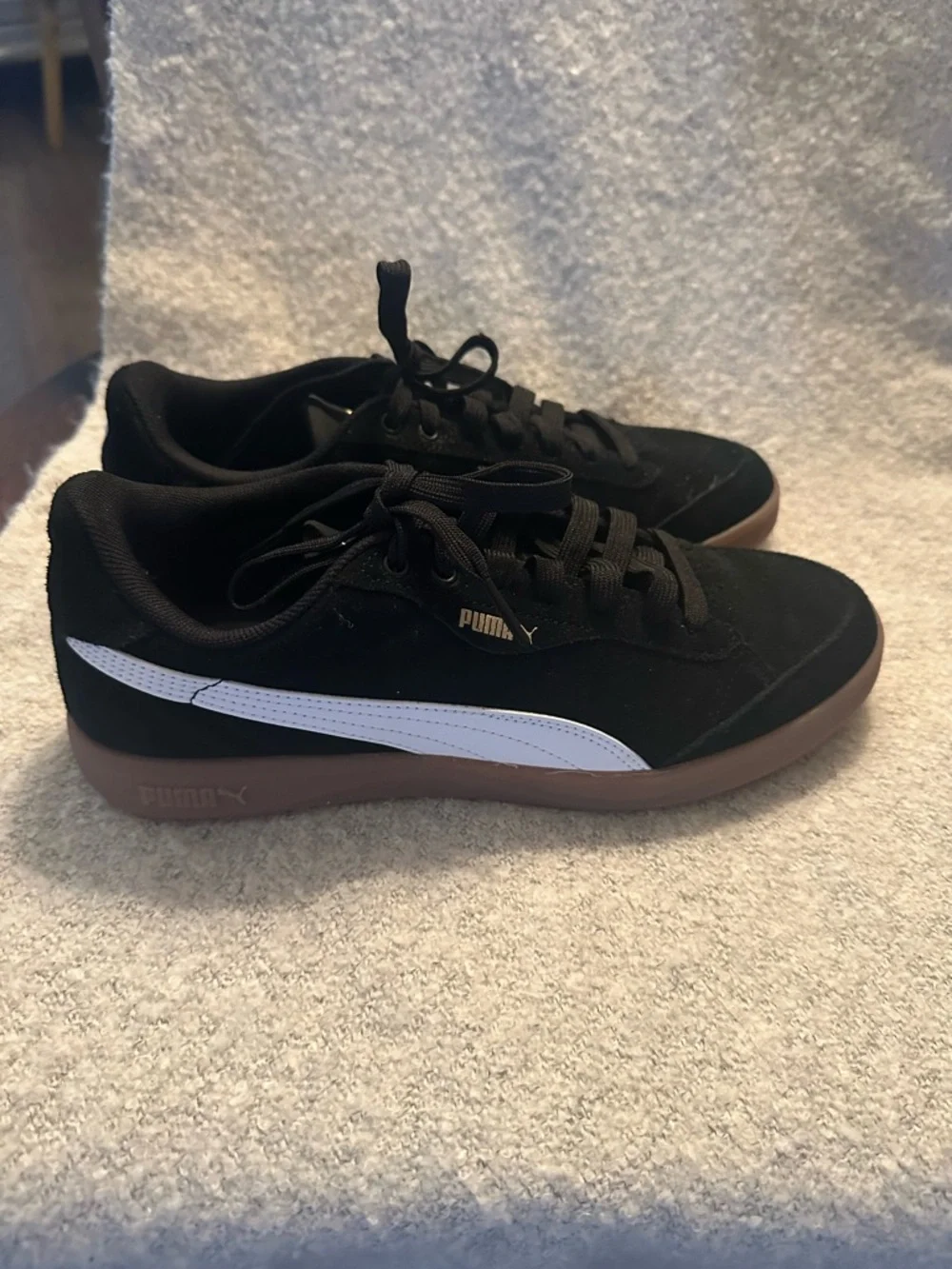 Puma Black Suede Sneakers with White Formstrip and Brown Sole